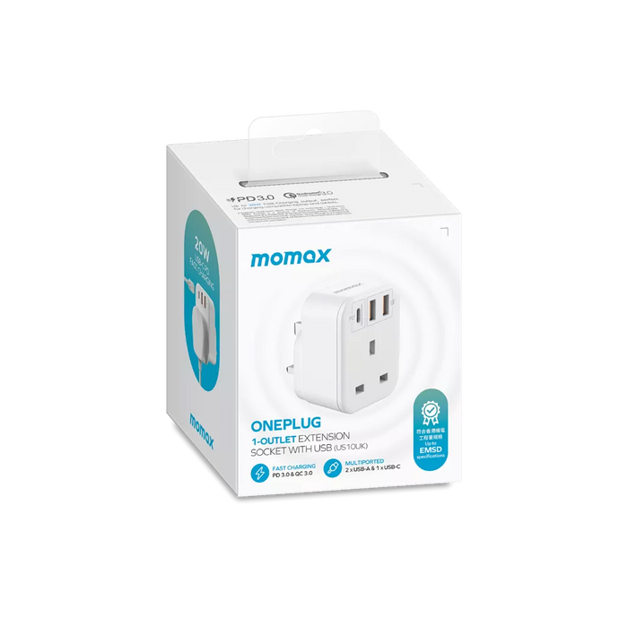MOMAX - OnePlug - Extension Plug Socket Extender - USB-C & 2x USB - White