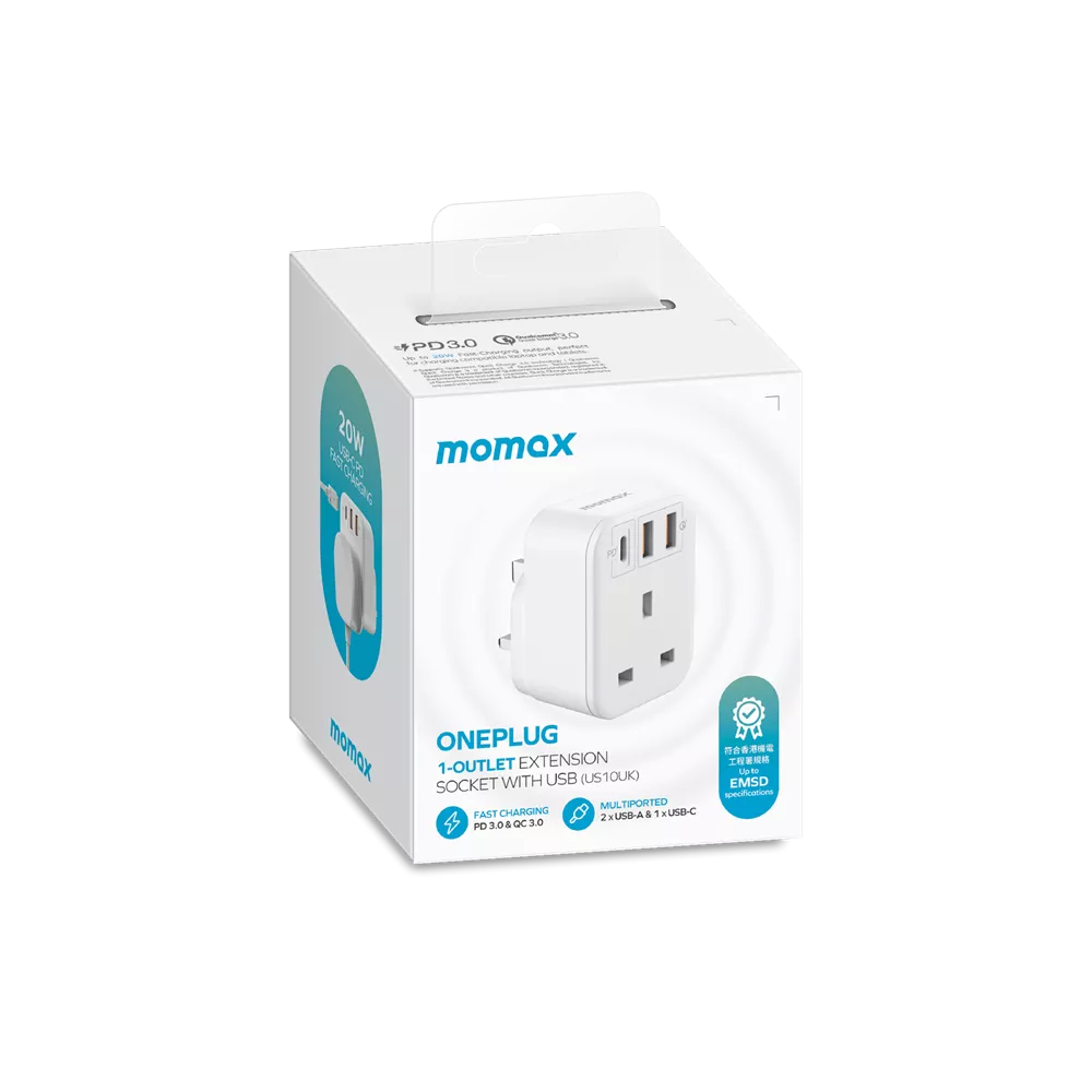 MOMAX - OnePlug - Extension Plug Socket Extender - USB-C & 2x USB - White
