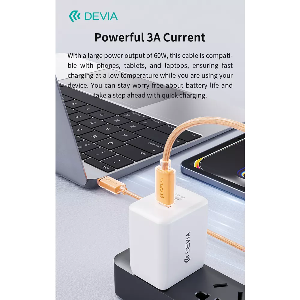 Devia - 1.5m (60W) Woven Braided Power Delivery - USB-C to USB-C Cable - Orange