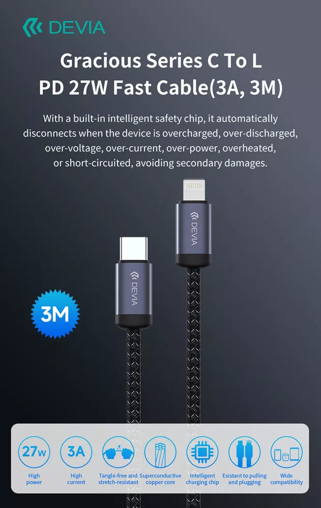 Devia - 3m (60W) Mesh Armour USB-C to USB-C Cable - Black