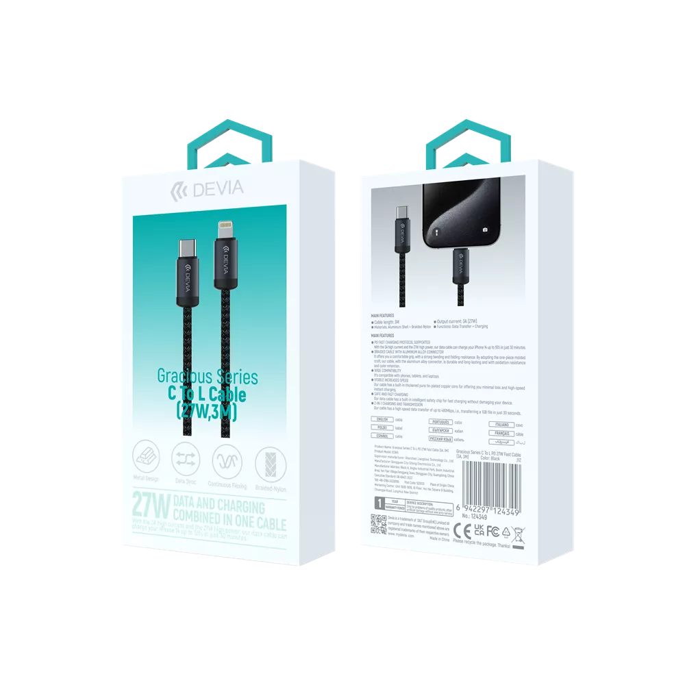 Devia - 3m (60W) Mesh Armour USB-C to USB-C Cable - Black