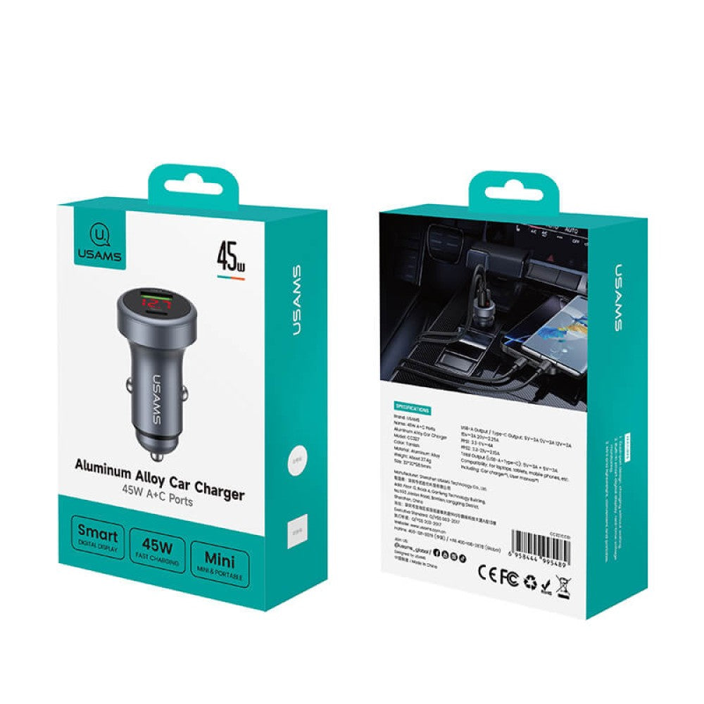USAMS 45W USB-A & USB-C Aluminium Alloy Car Charger - Grey