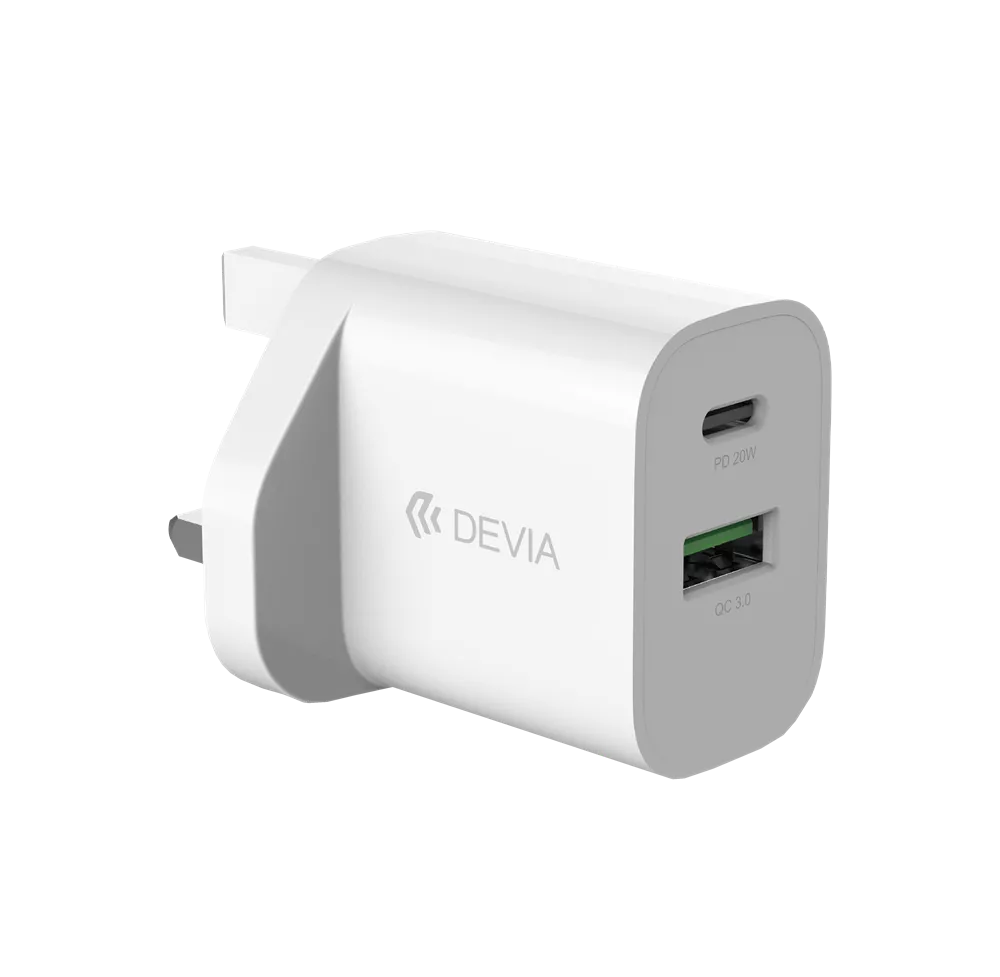 Devia - 20W Dual USB-C Power Delivery & USB Qualcomm 3-Pin UK Charging Plug - White