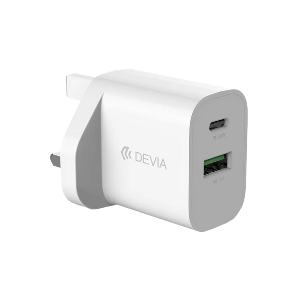 Devia - 20W Dual USB-C Power Delivery & USB Qualcomm 3-Pin UK Charging Plug - White