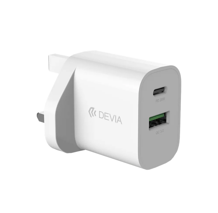 Devia - 20W Dual USB-C Power Delivery & USB Qualcomm 3-Pin UK Charging Plug - White