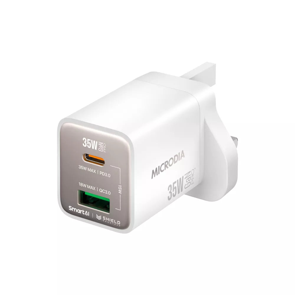 Microdia - SmartCube Nano - 35W USB-C & USB-A SmartAI PD Wall GaNPro Charger Plug - Pearl White