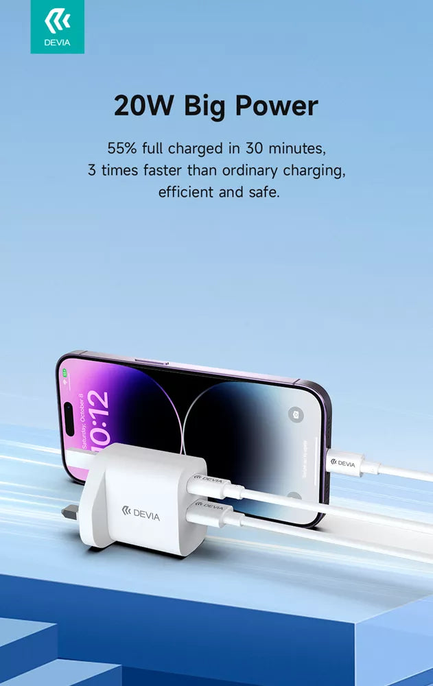 Devia - 20W Dual USB-C Power Delivery & USB Qualcomm 3-Pin UK Charging Plug - White