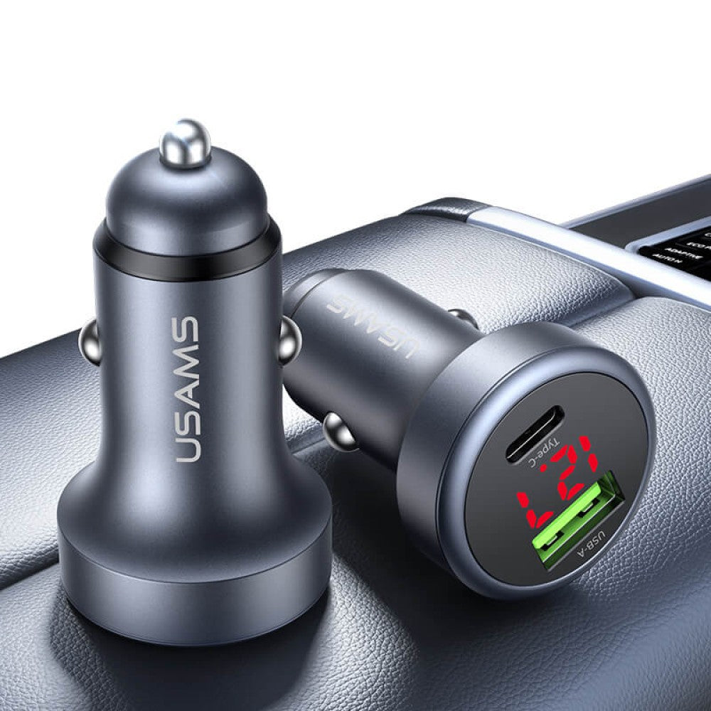 USAMS 45W USB-A & USB-C Aluminium Alloy Car Charger - Grey