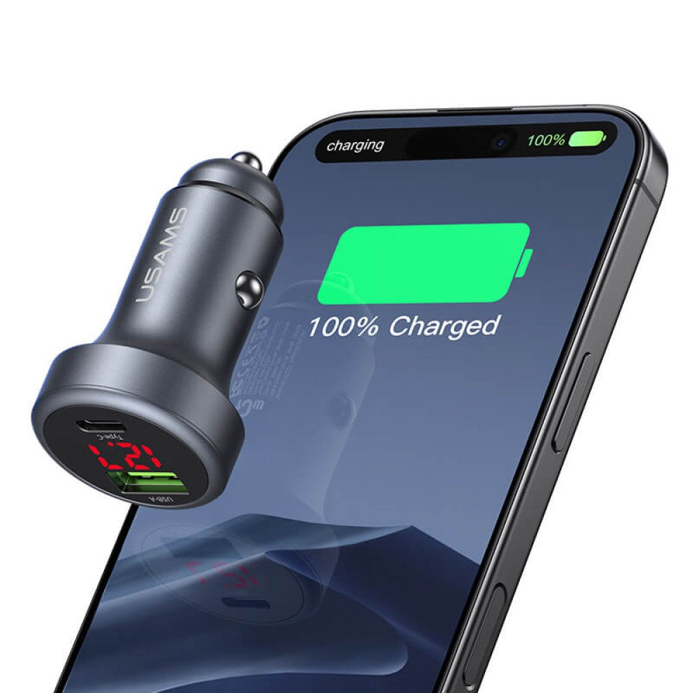 USAMS 45W USB-A & USB-C Aluminium Alloy Car Charger - Grey