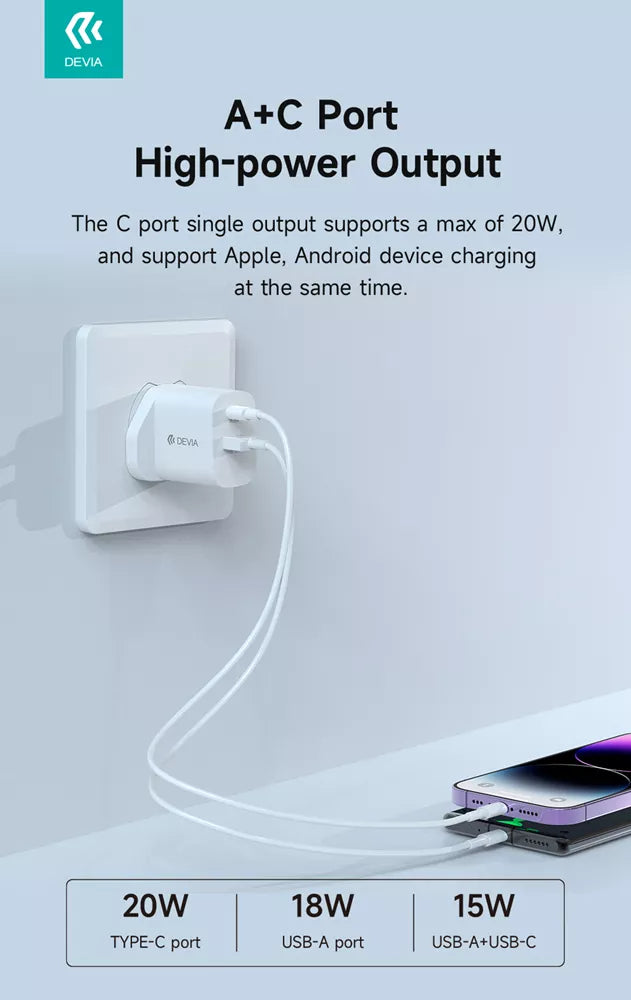 Devia - 20W Dual USB-C Power Delivery & USB Qualcomm 3-Pin UK Charging Plug - White
