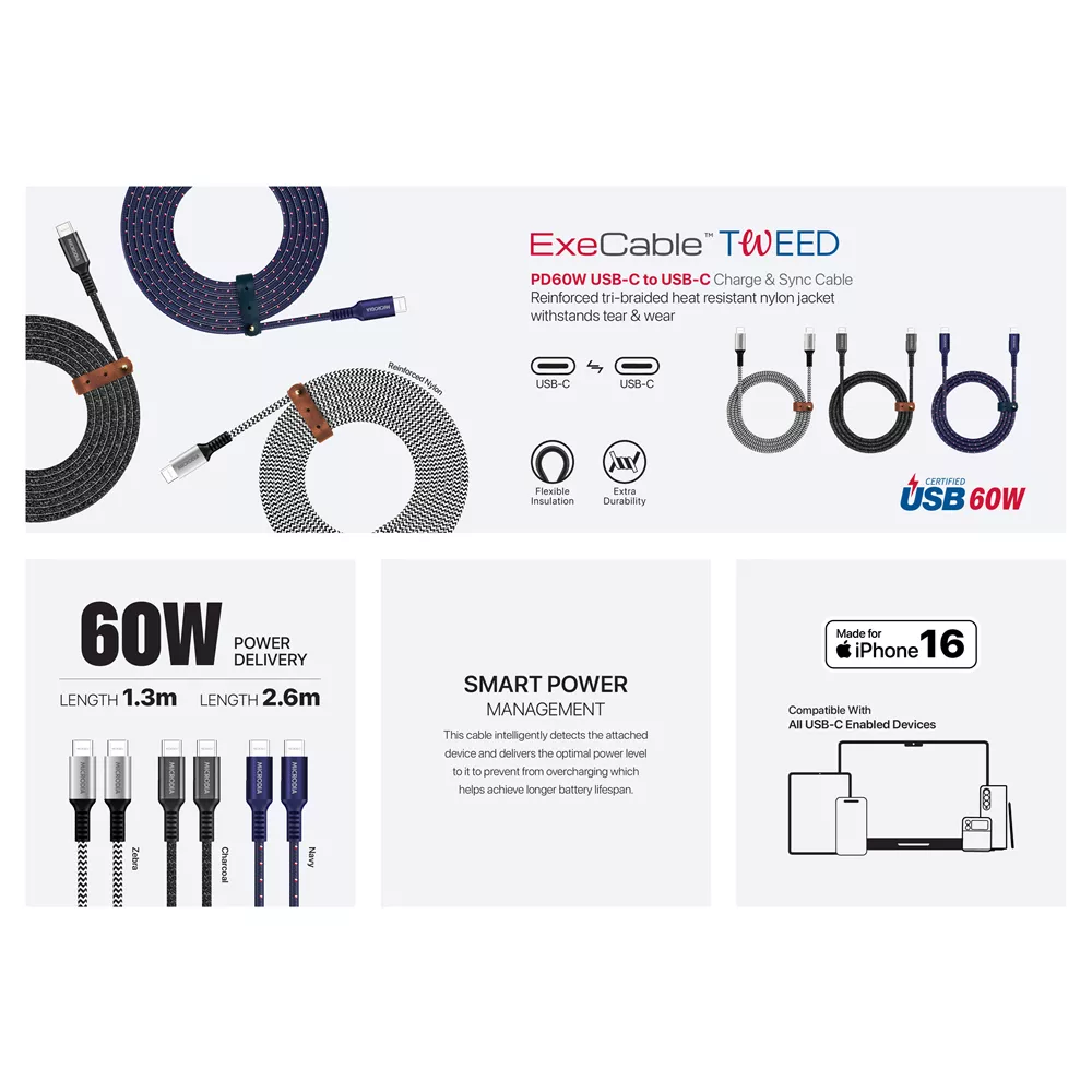 Microdia - Tweed - 1.3m - 60W Type-C to Type-C Cable - Charcoal