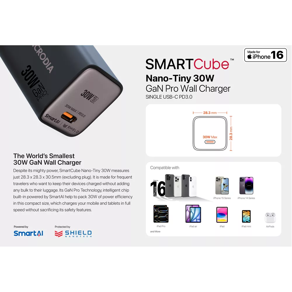 Microdia - SmartCube Nano - 30W USB-C & USB SmartAI PD Wall GaNPro Charger Plug - Charcoal