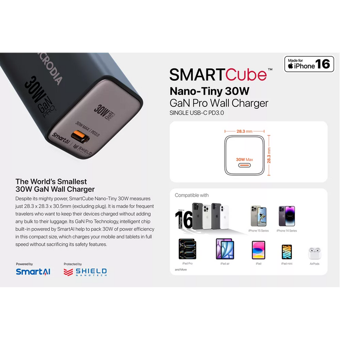 Microdia - SmartCube Nano - 30W USB-C & USB SmartAI PD Wall GaNPro Charger Plug - Charcoal