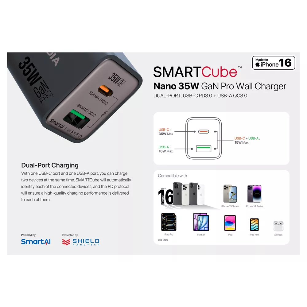 Microdia - SmartCube Nano - 35W USB-C & USB-A SmartAI PD Wall GaNPro Charger Plug - Pearl White