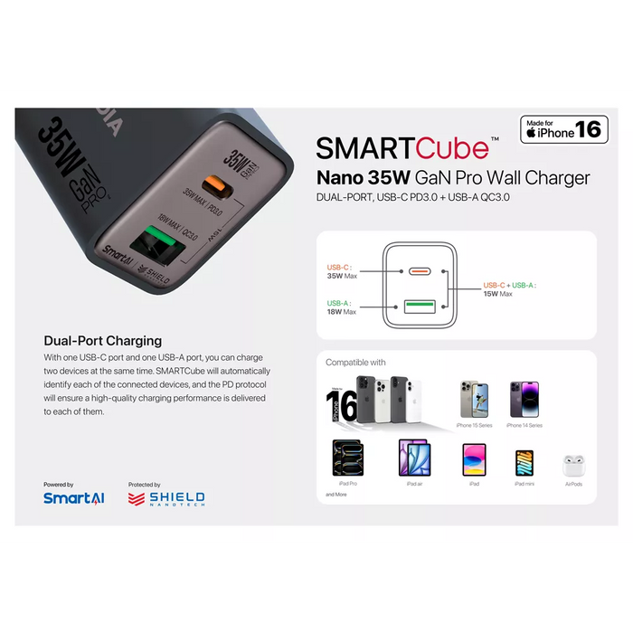 Microdia - SmartCube Nano - 35W USB-C & USB-A SmartAI PD Wall GaNPro Charger Plug - Pearl White