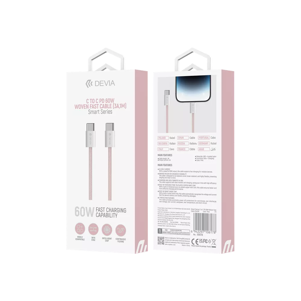 Devia - 1m (60W) Woven Braided Power Delivery  - USB-C to USB-C Cable - Pink