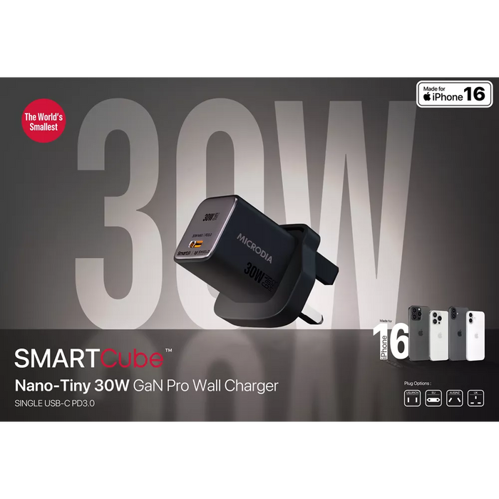 Microdia - SmartCube Nano - 30W USB-C & USB SmartAI PD Wall GaNPro Charger Plug - Charcoal