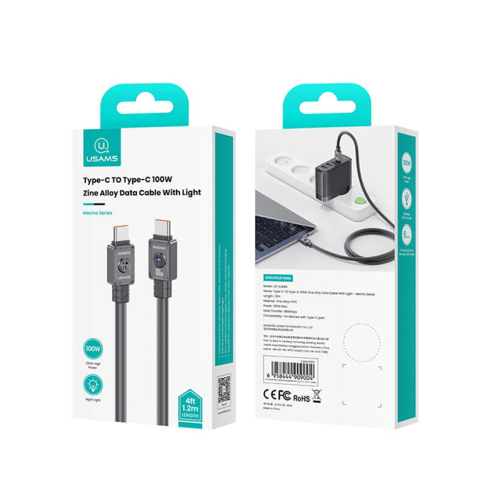 USAMS Mecha Series Type-C to Type-C 100W (1.2M / 4ft) Charging Cable - White