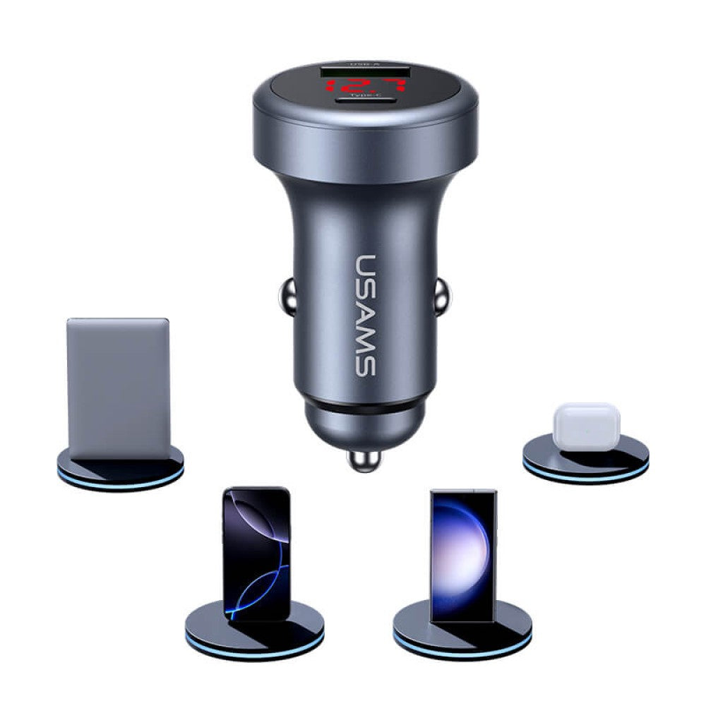USAMS 45W USB-A & USB-C Aluminium Alloy Car Charger - Grey