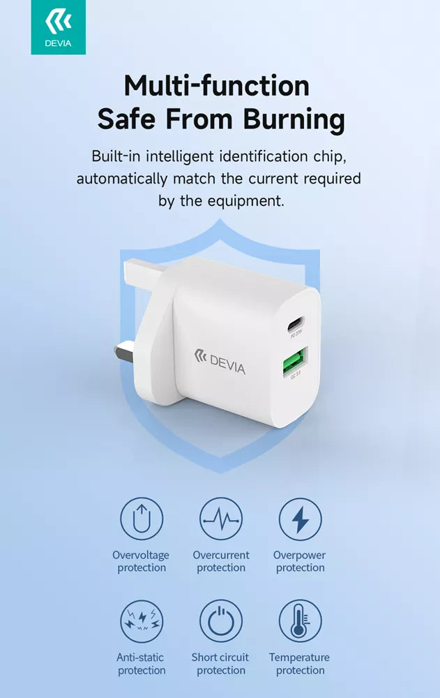 Devia - 20W Dual USB-C Power Delivery & USB Qualcomm 3-Pin UK Charging Plug - White