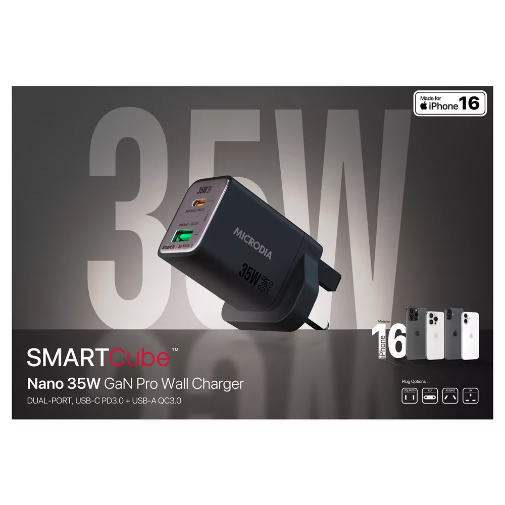 Microdia - SmartCube Nano - 35W USB-C & USB-A SmartAI PD Wall GaNPro Charger Plug - Pearl White