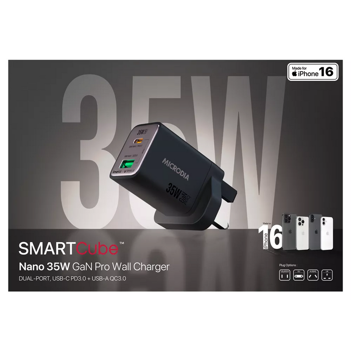 Microdia - SmartCube Nano - 35W USB-C & USB-A SmartAI PD Wall GaNPro Charger Plug - Pearl White