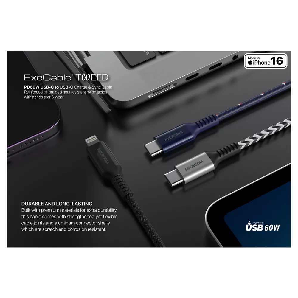 Microdia - Tweed - 1.3m - 60W Type-C to Type-C Cable - Charcoal