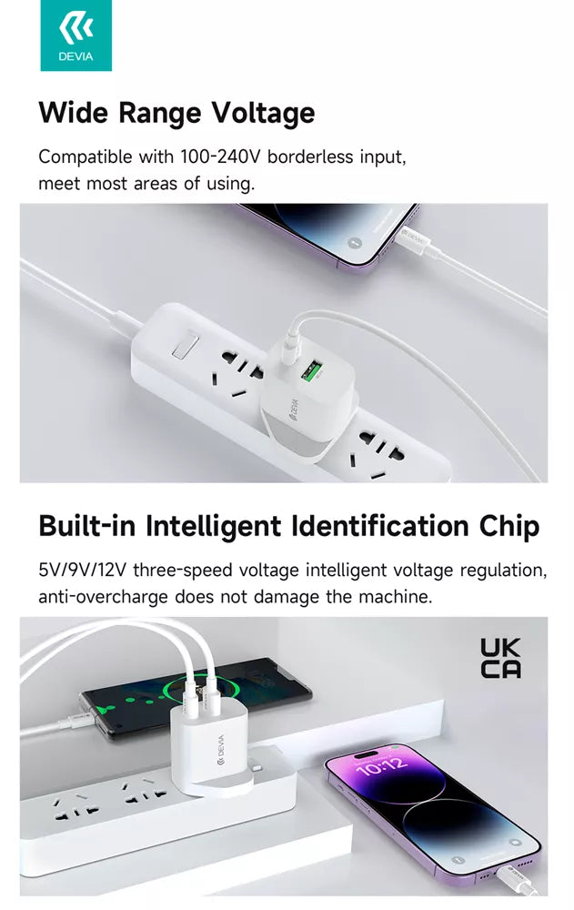Devia - 20W Dual USB-C Power Delivery & USB Qualcomm 3-Pin UK Charging Plug - White