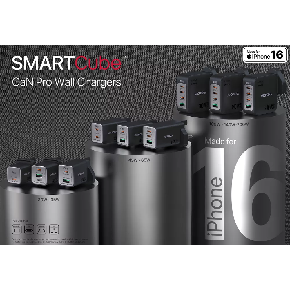 Microdia - SmartCube Nano - 30W USB-C & USB SmartAI PD Wall GaNPro Charger Plug - Charcoal