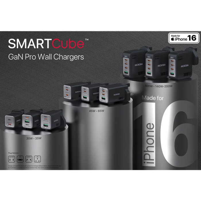 Microdia - SmartCube Nano - 30W USB-C & USB SmartAI PD Wall GaNPro Charger Plug - Charcoal