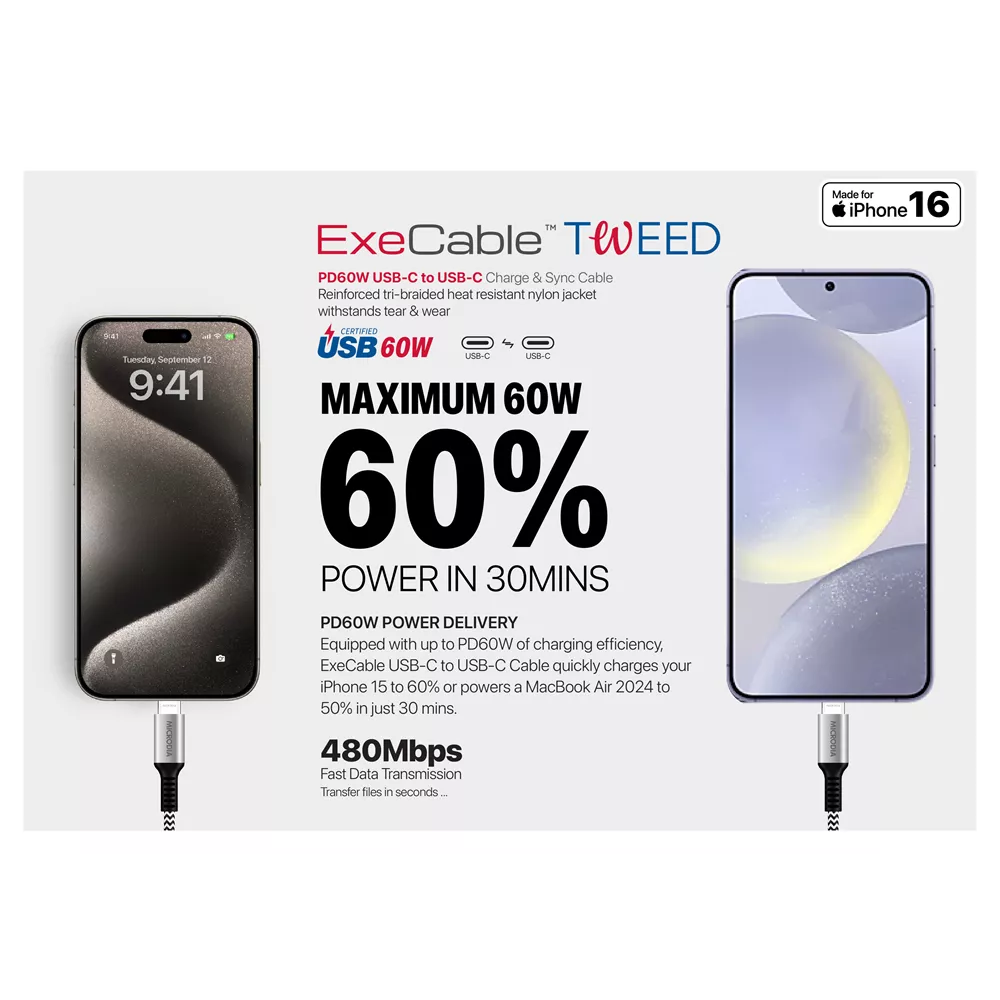 Microdia - Tweed - 1.3m - 60W Type-C to Type-C Cable - Charcoal