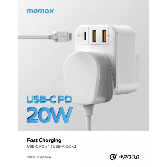 MOMAX - OnePlug - Extension Plug Socket Extender - USB-C & 2x USB - White