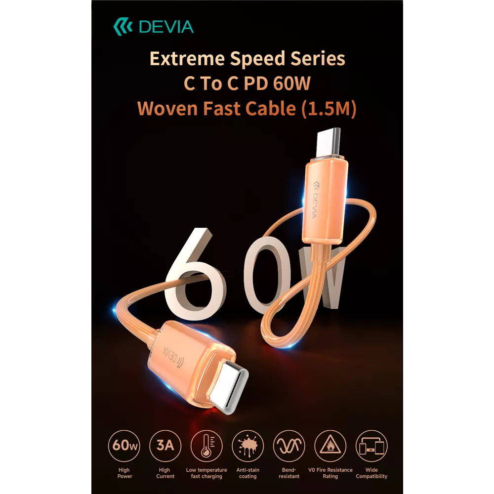 Devia - 1.5m (60W) Woven Braided Power Delivery - USB-C to USB-C Cable - Orange
