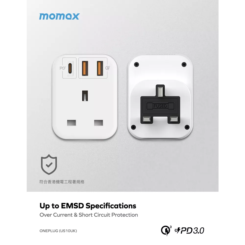 MOMAX - OnePlug - Extension Plug Socket Extender - USB-C & 2x USB - White