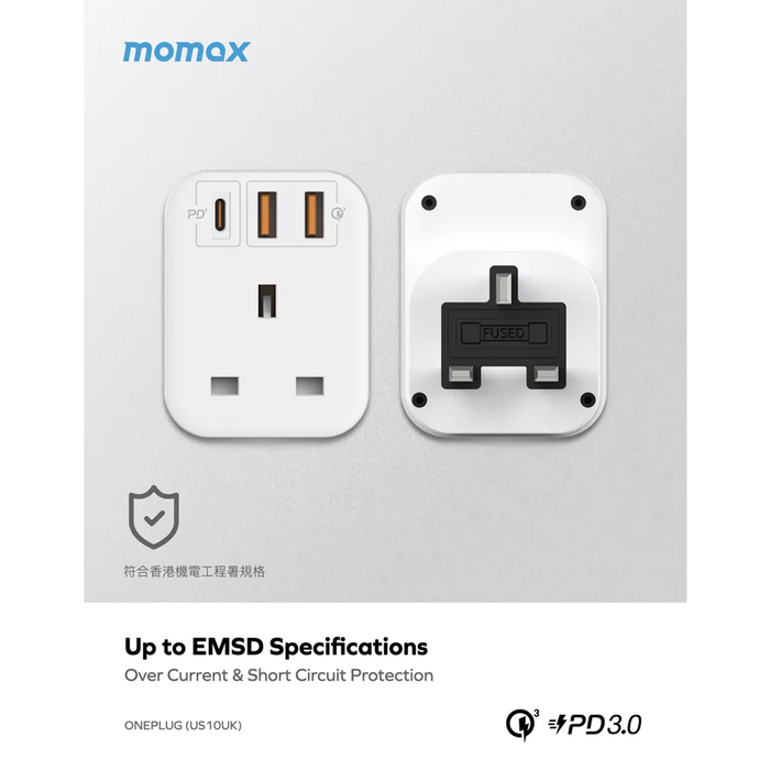 MOMAX - OnePlug - Extension Plug Socket Extender - USB-C & 2x USB - White