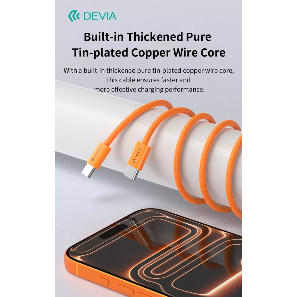 Devia - 1m (60W) Woven Braided Power Delivery - USB-C to USB-C Cable - Orange