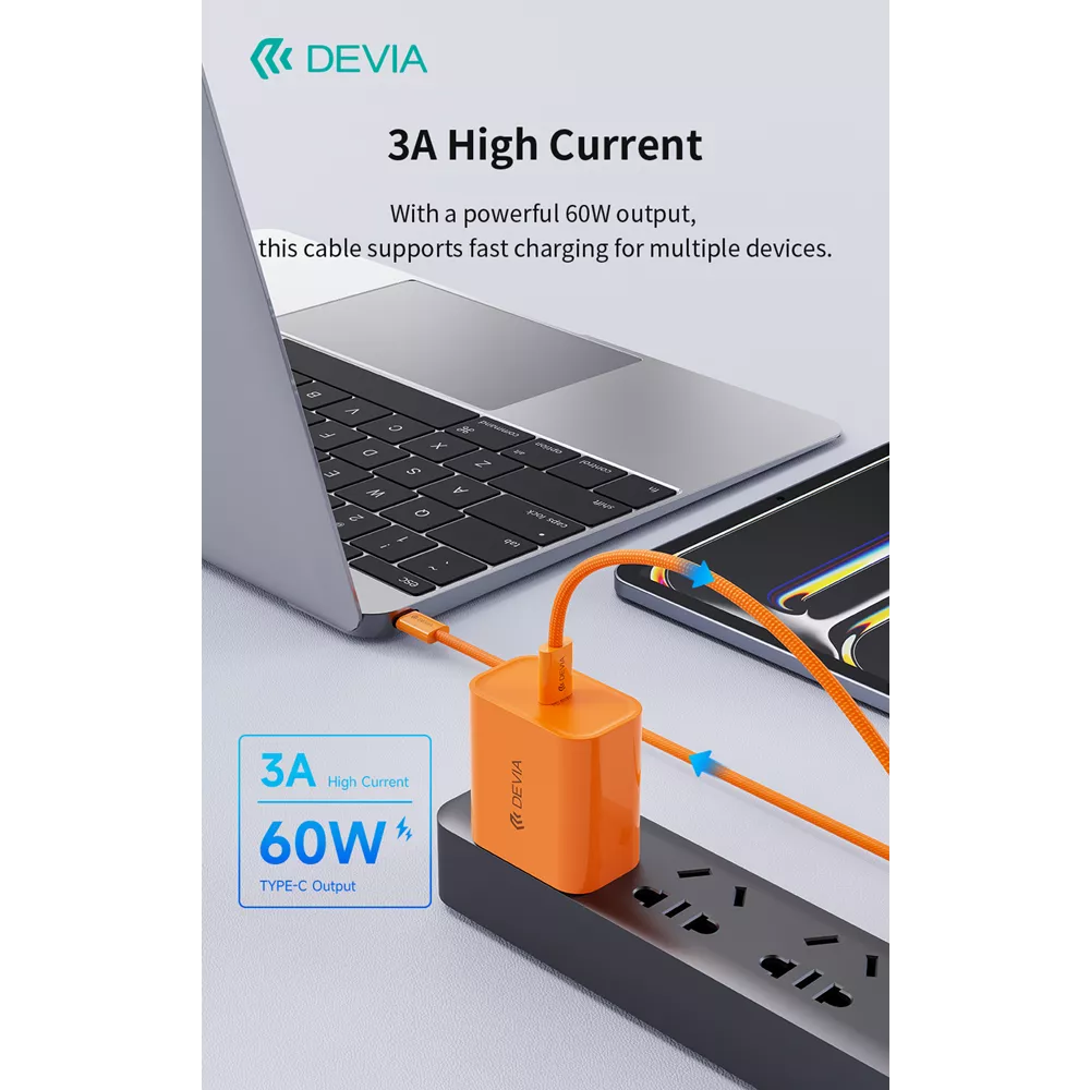 Devia - 1m (60W) Woven Braided Power Delivery - USB-C to USB-C Cable - Orange