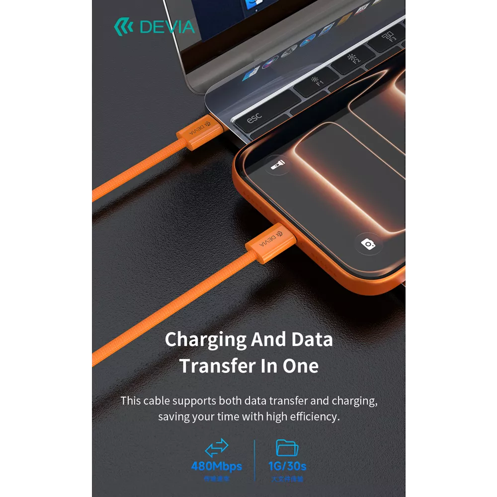 Devia - 1m (60W) Woven Braided Power Delivery - USB-C to USB-C Cable - Orange