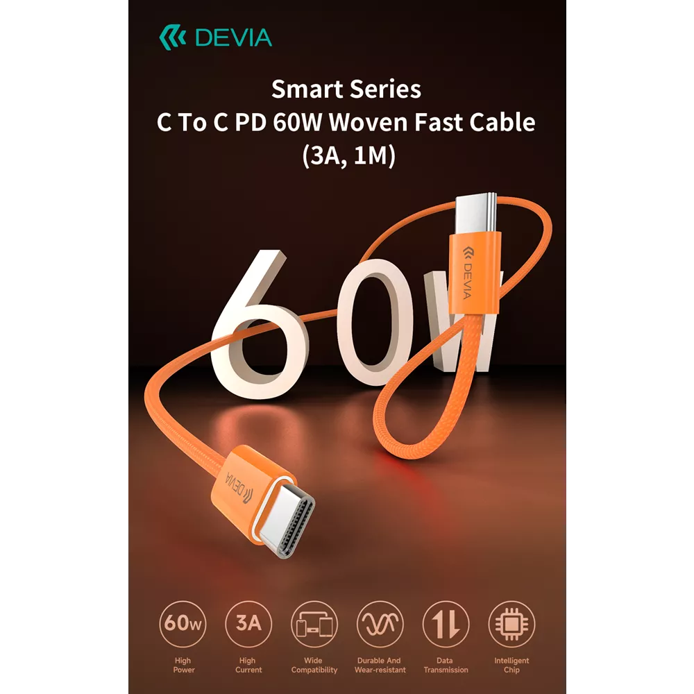 Devia - 1m (60W) Woven Braided Power Delivery - USB-C to USB-C Cable - Orange