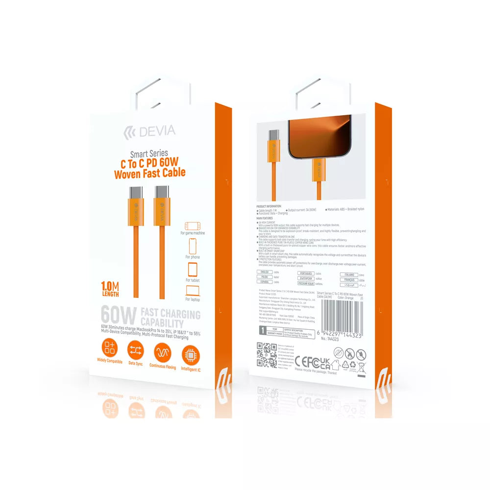 Devia - 1m (60W) Woven Braided Power Delivery - USB-C to USB-C Cable - Orange
