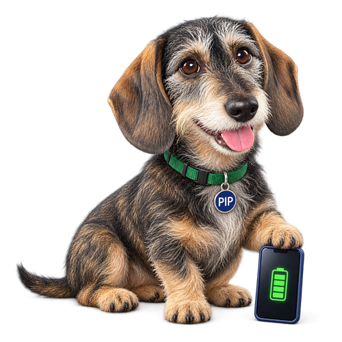 Pip sitting with a smartphone