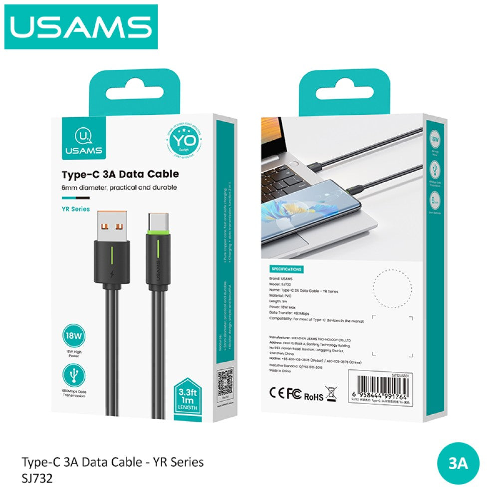 USAMS - C-Type to USB-A Charger Cable 18W (1M / 3.3ft) Extra Thick Lead 6mm Diameter - White